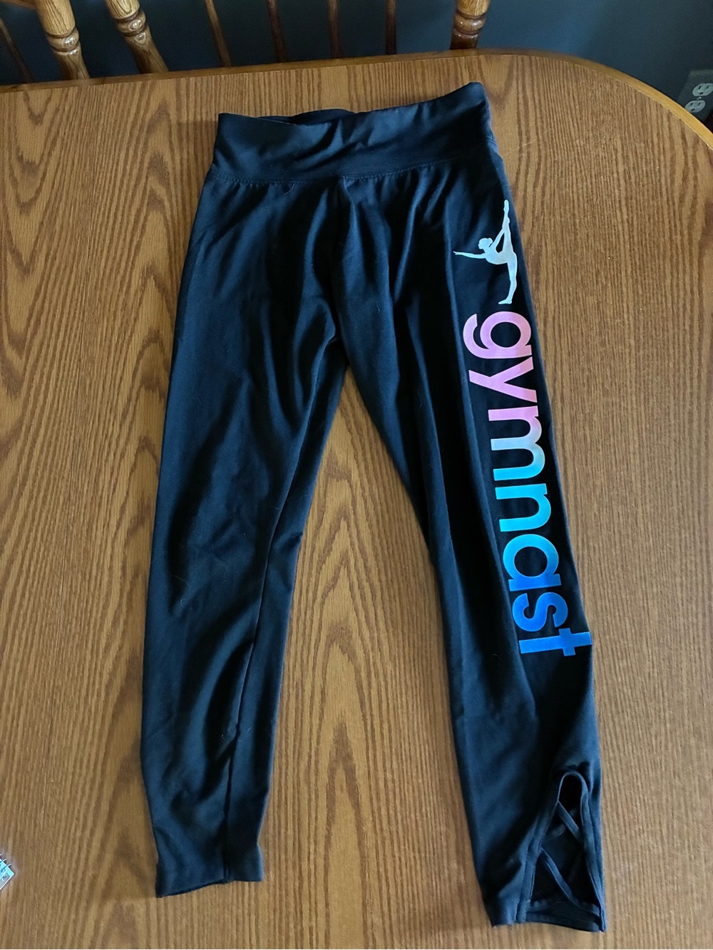 Justice Black Leggings with Pink and Blue Gradient 'gymnast' Logo